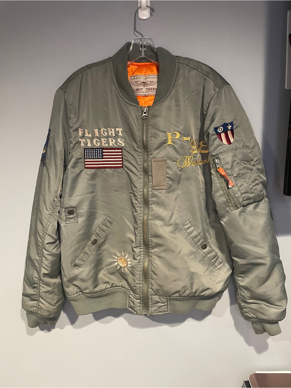 Men's Flight Tigers MA-1 Bomber Jacket Quilted Embroidered Army Green Orange